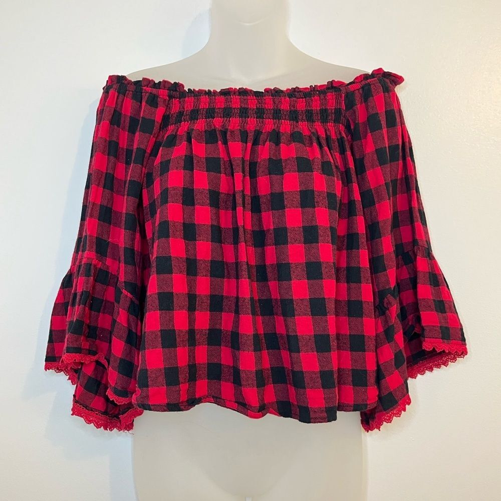 Altar’d State Red and Black Buffalo Plaid Off Shoulder Top Size Small